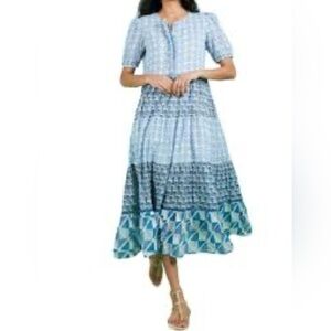 Ro’s Garden‎ Dress Midi Blue Tiered Cotton Daphne Large Coastal Classic Boho